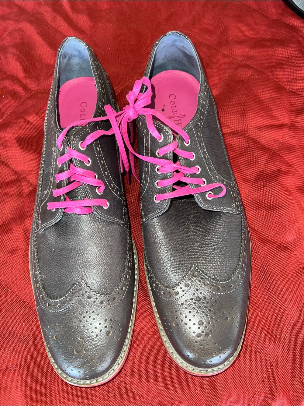 Cole Haan Brown Wingtip Derbys with Pink Accents